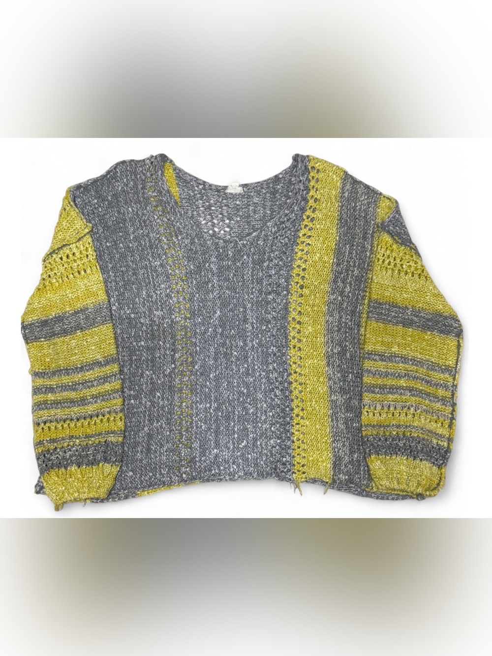 Hem & Thread Open-Knit Crew Sweater in Gray and Yellow